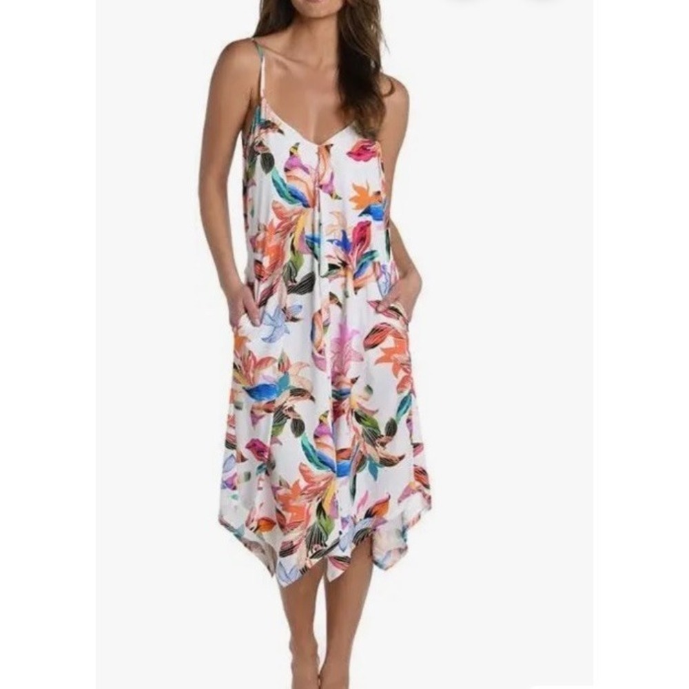 LA BLANCA Women's Paradise City  Satin Feel Scarf‎ Hem Dress Pockets Floral Sz M
